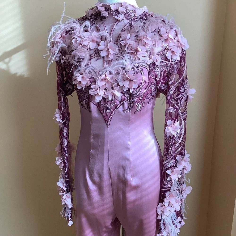 LOVEMATTERS Matthew Donnelly Pink Silk Floral Appliqué Jumpsuit Small 6 Mesh - Picture 2 of 16